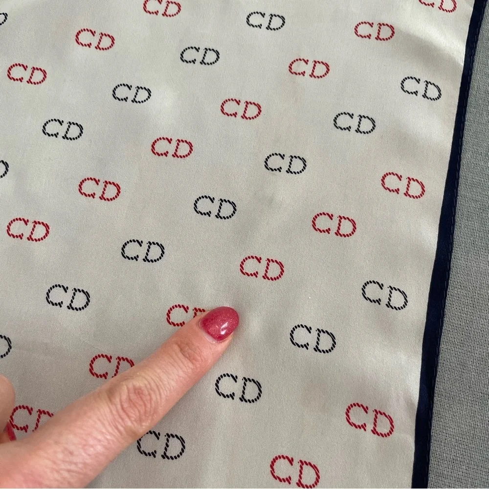 Christian Dior red and blue monogram on white silk scarf made in Italy
